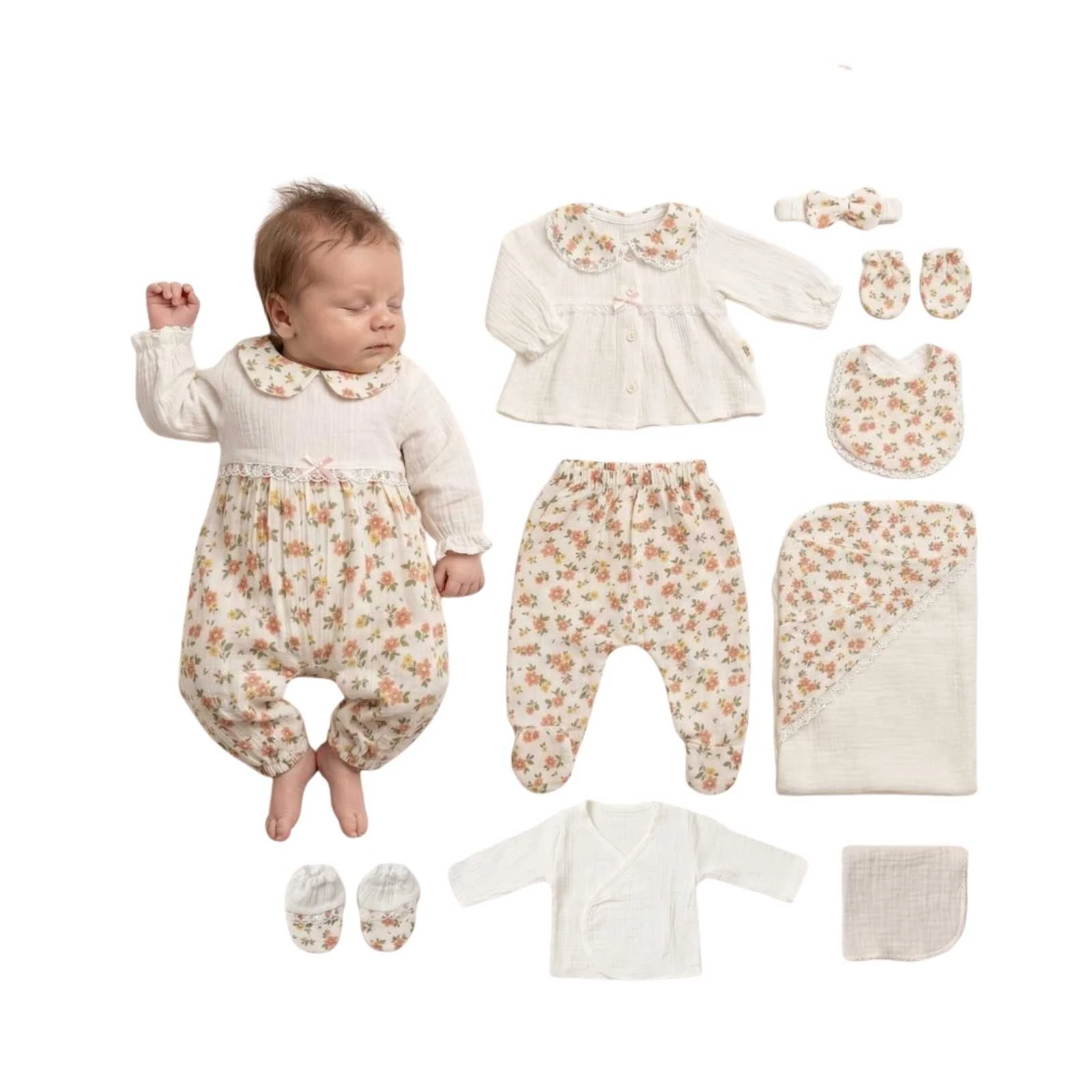 KIZ 1/3 AY ÇİÇEK DETAYLI MÜSLİN KIZ 10 LU SET