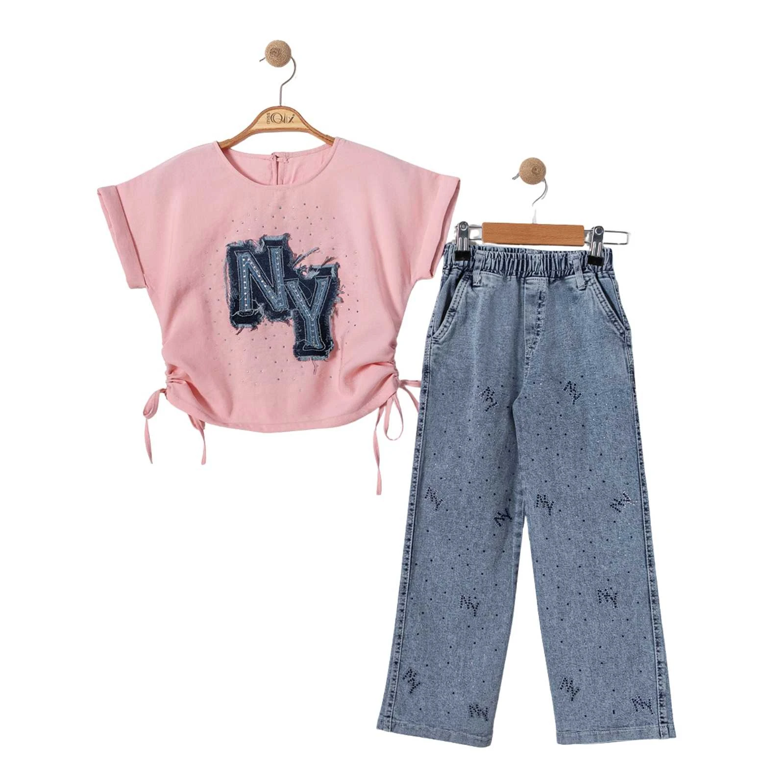 KIZ 7/10 YAŞ NY APLİKELİ  KOT PANTALONLU  TAKIM