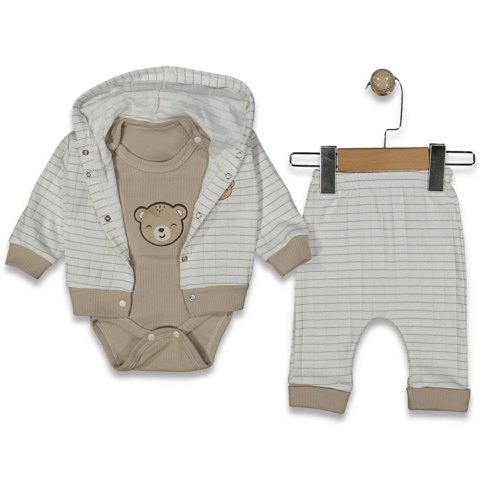 UNISEX 3/9 AY ÇİZGİLİ AYICIKLI  3'LÜ TAKIM