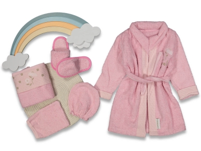 KIZ 3/3 YAŞ 5 PARÇA 0 PAMUK - BORNOZ SETİ - PEMBE