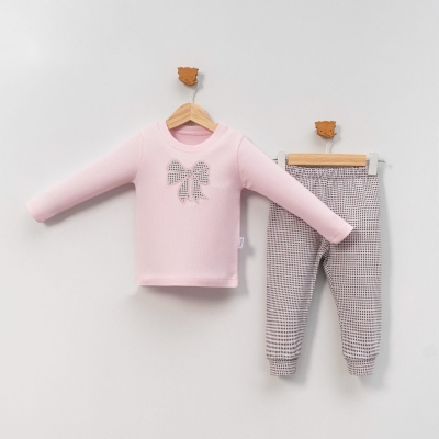 2-5 yaş Kurdele Nakışlı 2'li Kız Pijama Takımı 