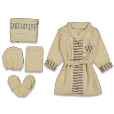 ERKEK 3/3 YAŞ BORNOZ SET YILDIZLI EKRU