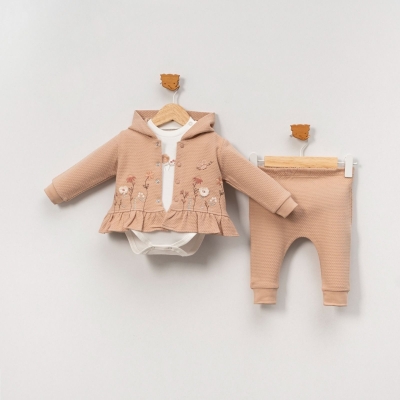 KIZ 12/24 AY ÇİÇEK NAKIŞLI KAPÜŞONLU 3’LÜ TAKIM