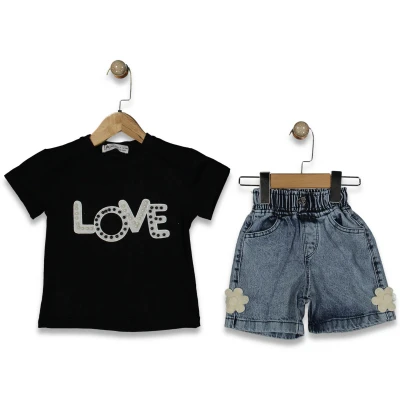 KIZ 3/6 YAŞ İNCİLİ LOVA NAKIŞLI ŞORTLU TAKIM