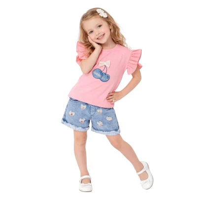 KIZ 3/6 YAŞ KİRAZ APLİK NAKIŞLI ŞORTLU TAKIM