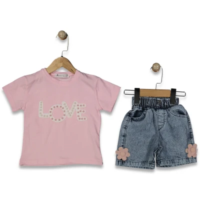 KIZ 7/10 YAŞ  İNCİLİ LOVE NAKIŞLI ŞORTLU TAKIM