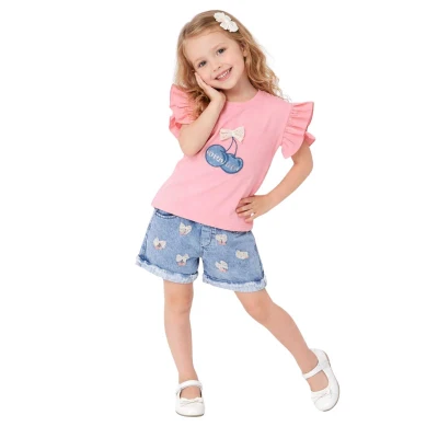 KIZ 7/10 YAŞ KİRAZ APLİK NAKIŞLI ŞORTLU TAKIM