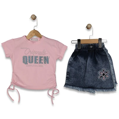 KIZ 7/10 YAŞ QUEEN APLİKLİ TAŞLI ŞORTLU TAKIM