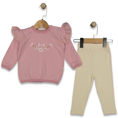 KIZ 9/24 AY ÖN ÇİÇEK NAKIŞLI KOL GÜPÜRLÜ TAKIM