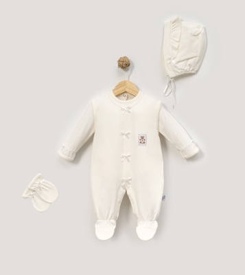 Nakışlı ve Fiyonk Detaylı Patikli Bebek Tulum % 100 cottonTakımı - 3 Parça Set 3-6 ay  