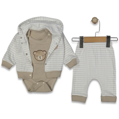 UNISEX 3/9 AY ÇİZGİLİ AYICIKLI  3'LÜ TAKIM